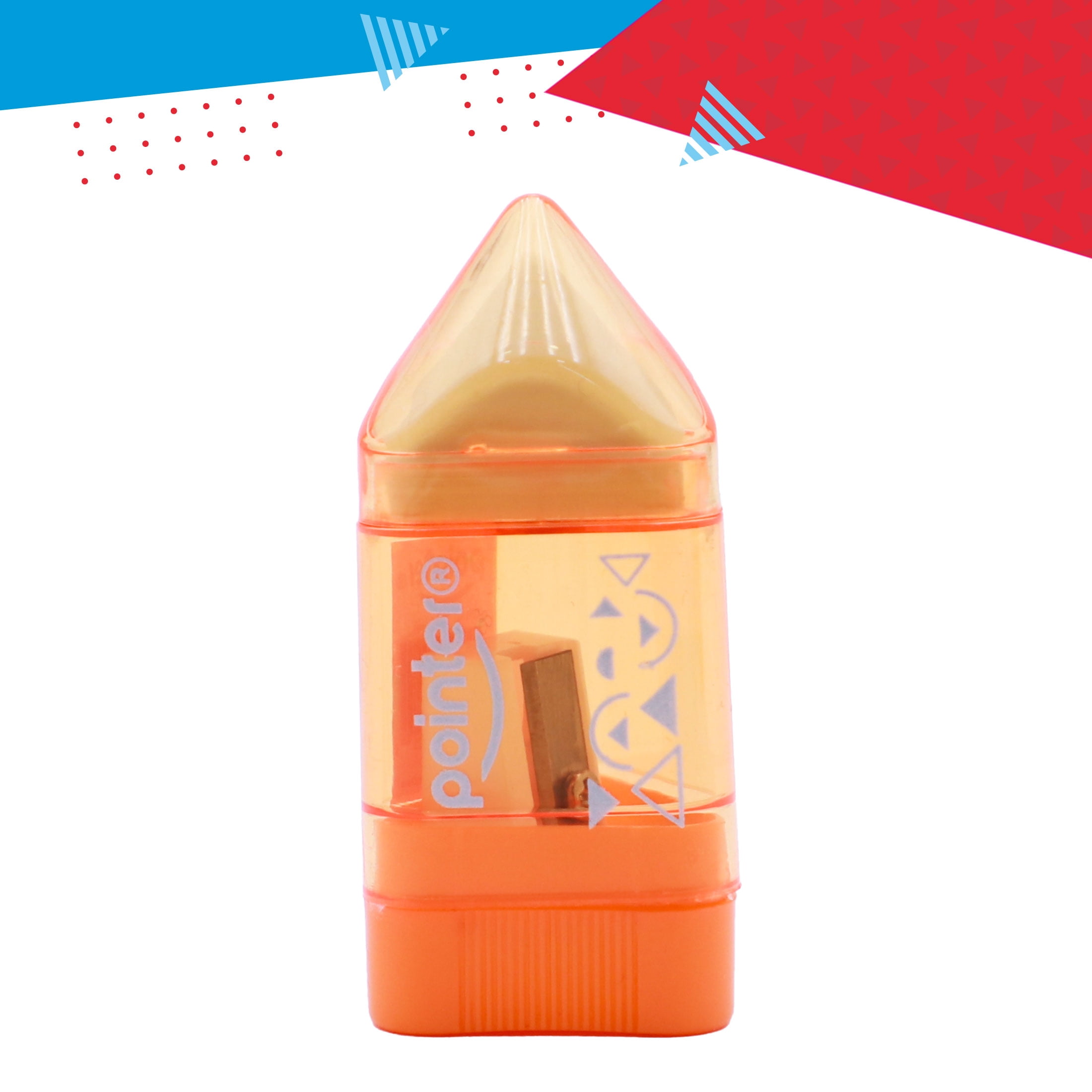 Pointer Handheld Manual Pencil Sharpeners, Rocket‑Shaped, Single‑Hole, 2‑in‑1 Eraser and Container, Assorted Colors, 24 Count, 1 pack