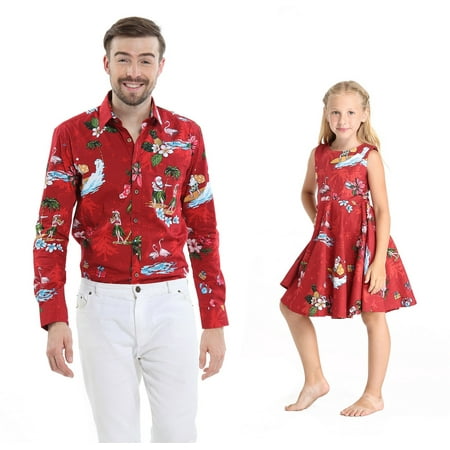 

Matching Hawaiian Luau Father Daughter Long Sleeve Shirt Vintage Dress in Christmas Santa in Hawaii