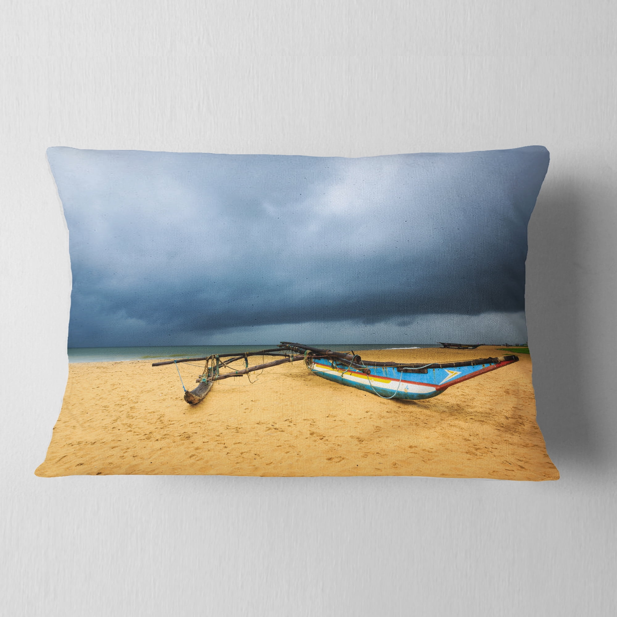 Designart Beach with Dark Clouds above Ocean - Seashore Throw Pillow - 12x20