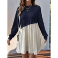 thumbnail image 4 of Women'S Color Block Round Neck Long Sleeve Ruffle Hem Casual A Line Short Dress Navy Blue M, 4 of 7