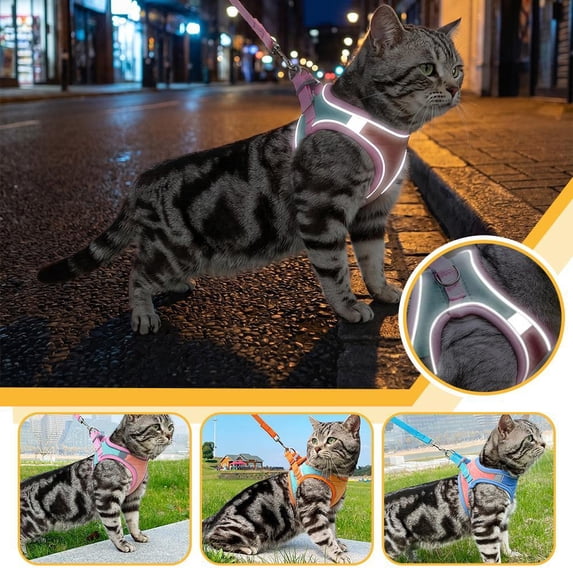 Suede Cat Harness and Leash with Escape-Proof Triple Locking System and Reflective Stripes for Nighttime Safety