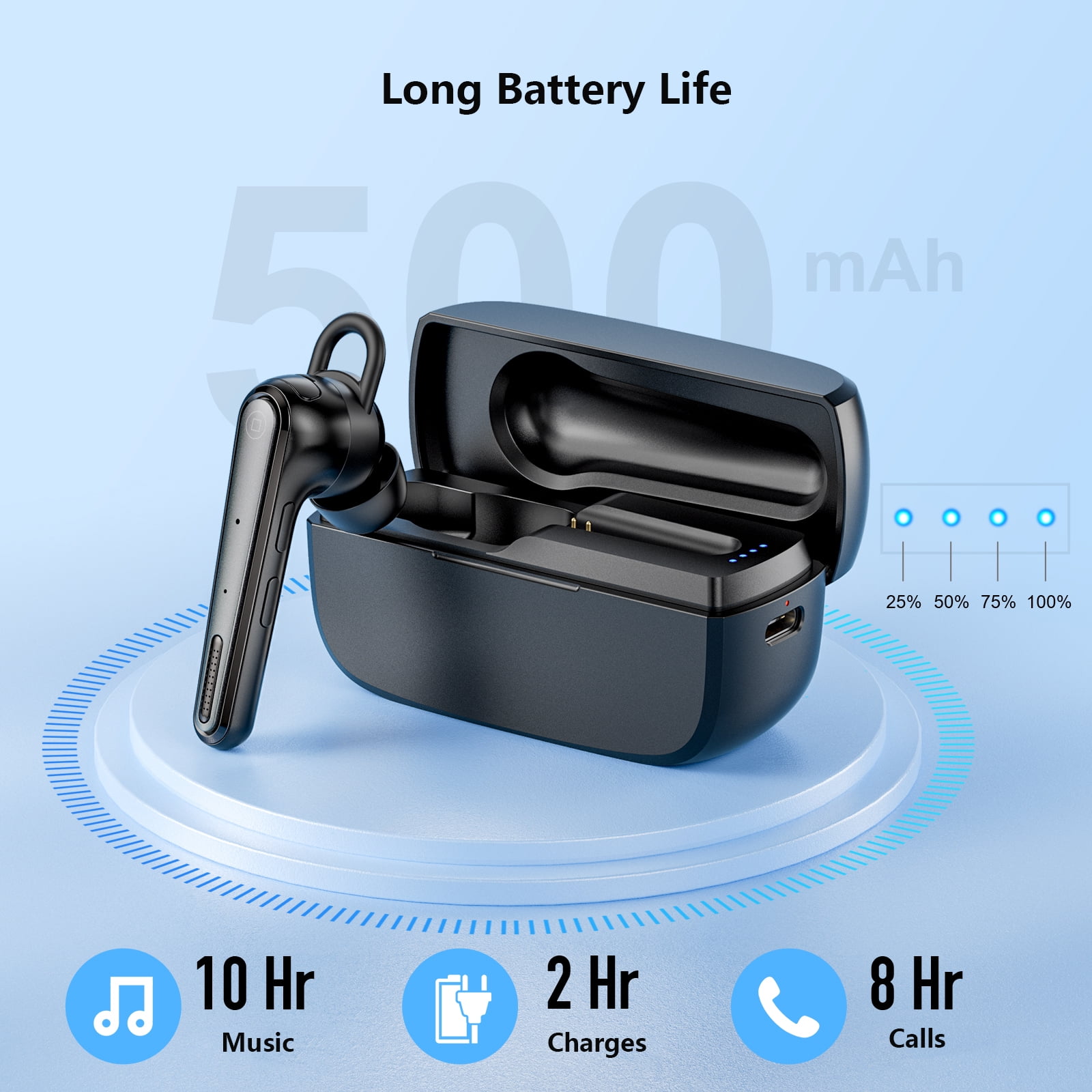 New bee Bluetooth Headset,Wireless Bluetooth Earpiece with ENC Noise Canceling Mic,500mAh Charging Case 180H Standby, LED Display,Single-Ear Hands-Free for Driving/Office/Conference
