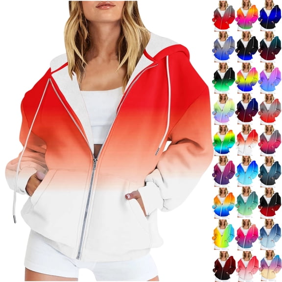 Zip Up Hoodie Women, Women's Ombre Zip Up Hoodie Long Sleeve Gradient Color Athletic Jacket with Drawstring and Pockets Casual Lightweight Hooded Sweatshirt Outerwear