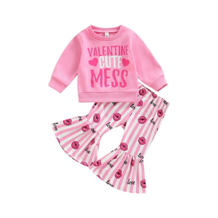 

JYYYBF 0-4Y Valentines Day Pant Sets for Toddler Girl Letter Sweatshirt Heart Lips Print Flare Pants Fall Winter Outfits Pink 12-18 Months