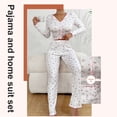 thumbnail image 4 of JZROCKER Women Floral Print Pajamas Set 2Pcs Ruffle Trim Long Sleeve Sleepwear Lapel V Neck Bowknot Crop Top and Long Pants, 4 of 14