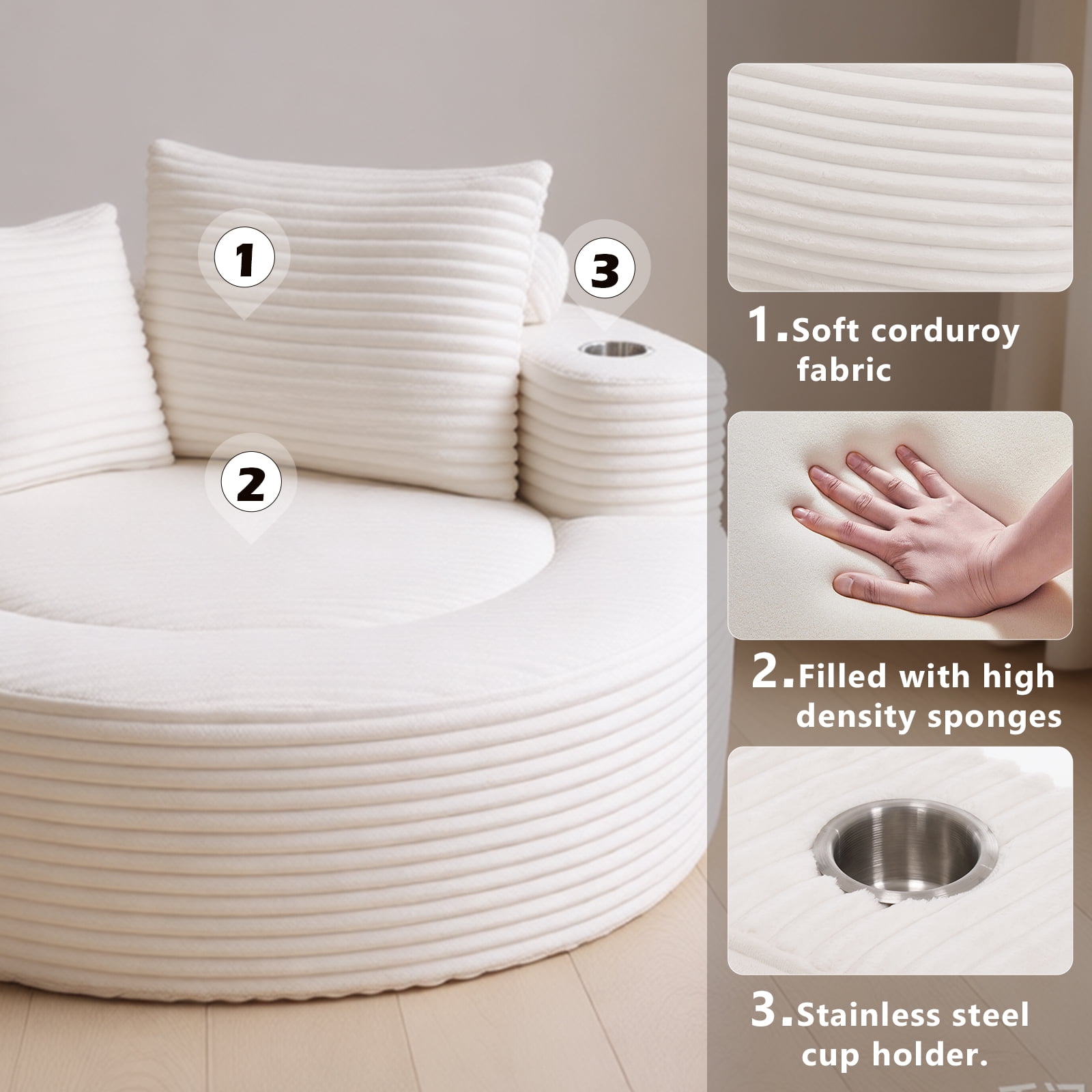 Miniyam 55.5" W Round Oversized Chaise Lounge Indoor with Cup Holders for Living Room, Cloud Couch with 3 Pillows, White