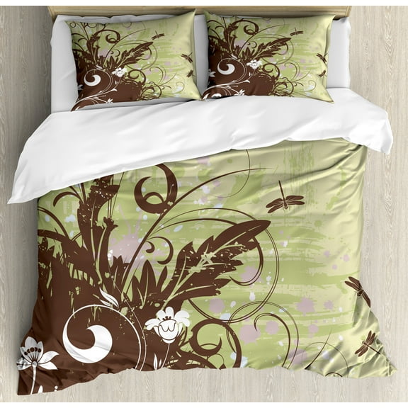 Dragonfly Duvet Cover Set, Retro Style Flower with Grunge Effects in Vivid Tones Garden Image, Decorative 3 Piece Bedding Set with 2 Pillow Shams, Queen Size, Khaki Brown Lilac, by Ambesonne