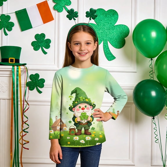 Girls St Patricks Day Shirt Multicolor Shamrock Print 3/4 Sleeve T-Shirt for Kids Little Big Girls,Size 4