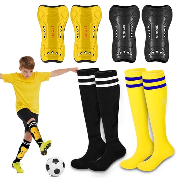 2 Pairs Kids Soccer Shin Guards with 2 Pairs Soccer Socks, Calf Protection Soccer Shin Pads & Socks for Toddler 5-12 Years