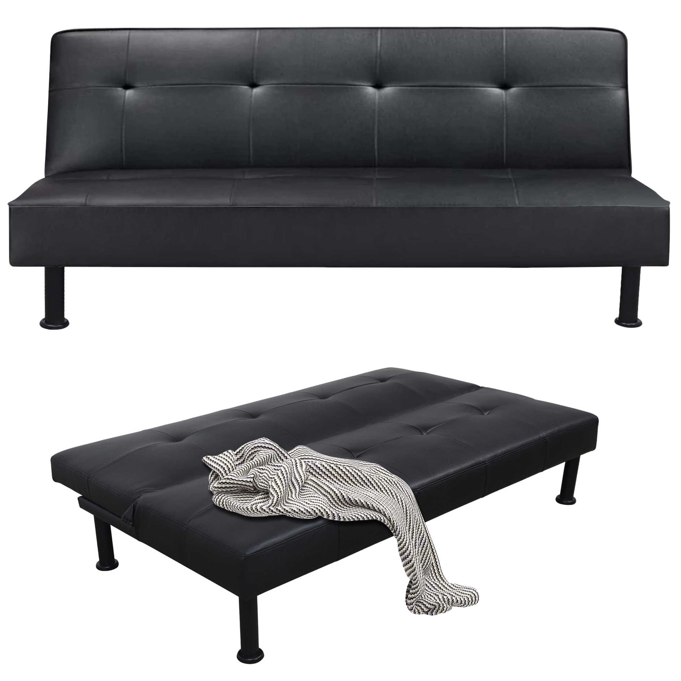 Aukfa Modern Futon Convertible Sofa Bed for Home Office, Tufted Back, Leather, Black