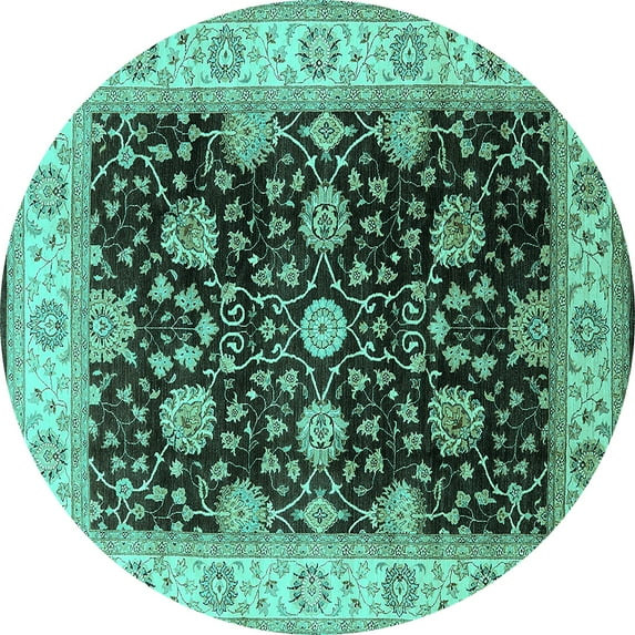 Ahgly Company Machine Washable Indoor Round Oriental Turquoise Blue Traditional Area Rugs, 5' Round