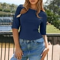thumbnail image 4 of Scyoekwg Womens Ribbed Knit Crewneck Crop Tops Basic Slim Fit T Shirts Half Sleeve Trendy Solid Color Y2k Going Out Tops (Navy,L), 4 of 9