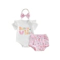 thumbnail image 1 of Gupgi Baby Girls Easter Shorts Set, Short Sleeve Letters Print Romper Rabbit Shorts Hairband 2Pcs Summer Outfit, 1 of 8