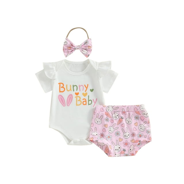 Gupgi Baby Girls Easter Shorts Set, Short Sleeve Letters Print Romper Rabbit Shorts Hairband 2Pcs Summer Outfit