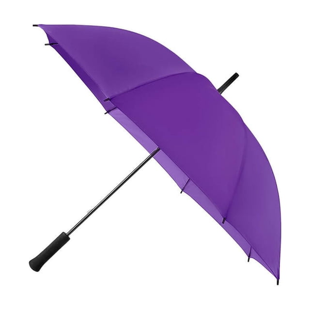 paraguas automático con marco de fibra de vidrio-ranzen purpura 92 paraguas de 8 paneles, 92 cm de diámetro, tela poliéster morada, varillas de fibra de vidrio y mango de esponja negro; apertura manual, pensado para uso promocional con área de impresión 22 x 12 cm y serigrafía.