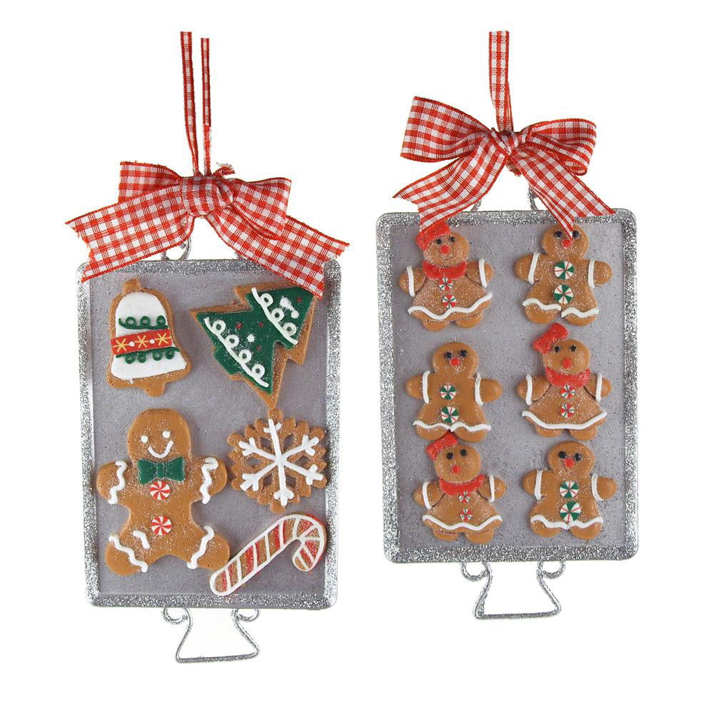 SET OF 2 CLAY DOUGH HOLIDAY GINGERBREAD COOKIE ON METAL TRAY CHRISTMAS ORNAMENTS 