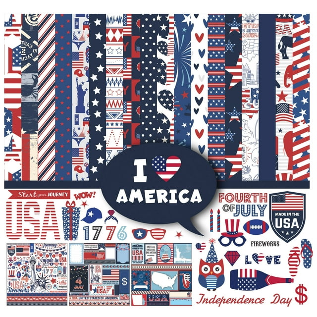 Inkdotpot I Love America Collection Double,Sided Scrapbook Paper Kit Cardstock 12"x12" Card Making Paper Pack Of With Sticker Sheet - 16 Pages - Multicolor