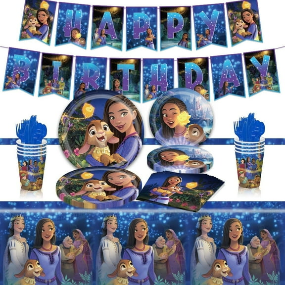 Star Wish birthday party decoration supplies,Star Wish party supplies include Star Wish tablecloths, banners, plates, napkins, cups, Asha party decorations for girls and kids