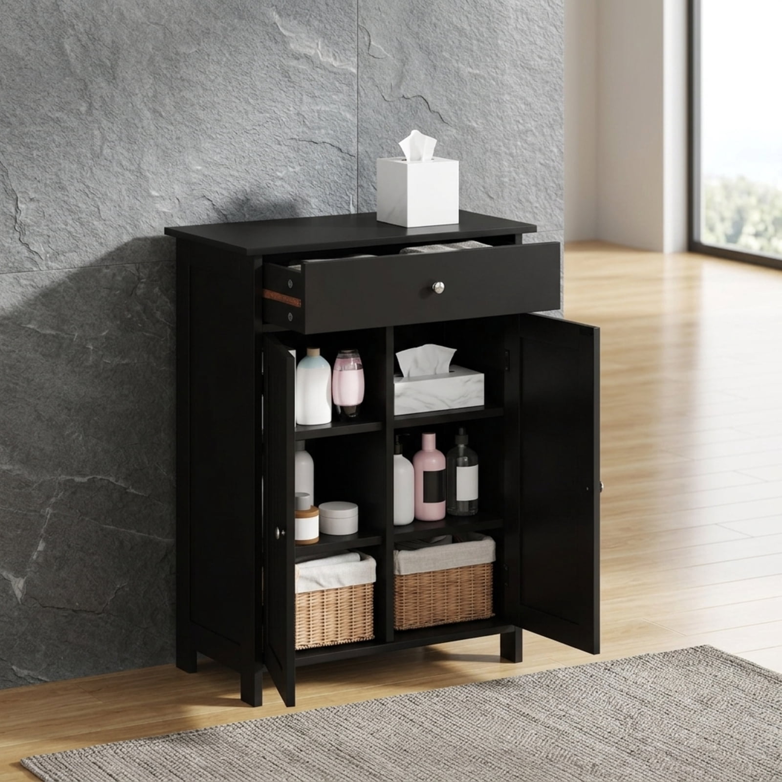 Vebreda Freestanding Bathroom Storage Cabinet, Bathroom Floor Cabinet Freestanding Storage Organizer with 2 Doors, Multiple Storage Options