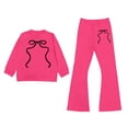 thumbnail image 2 of YMNXA Toddler Kids Girls Outfits Long Sleeve Round Neck Bow Print Pullover And Flare Pants Comfortable Fashion Elegant Sets For Casual Daily Wear,Hot Pink,9-10 Years, 2 of 4