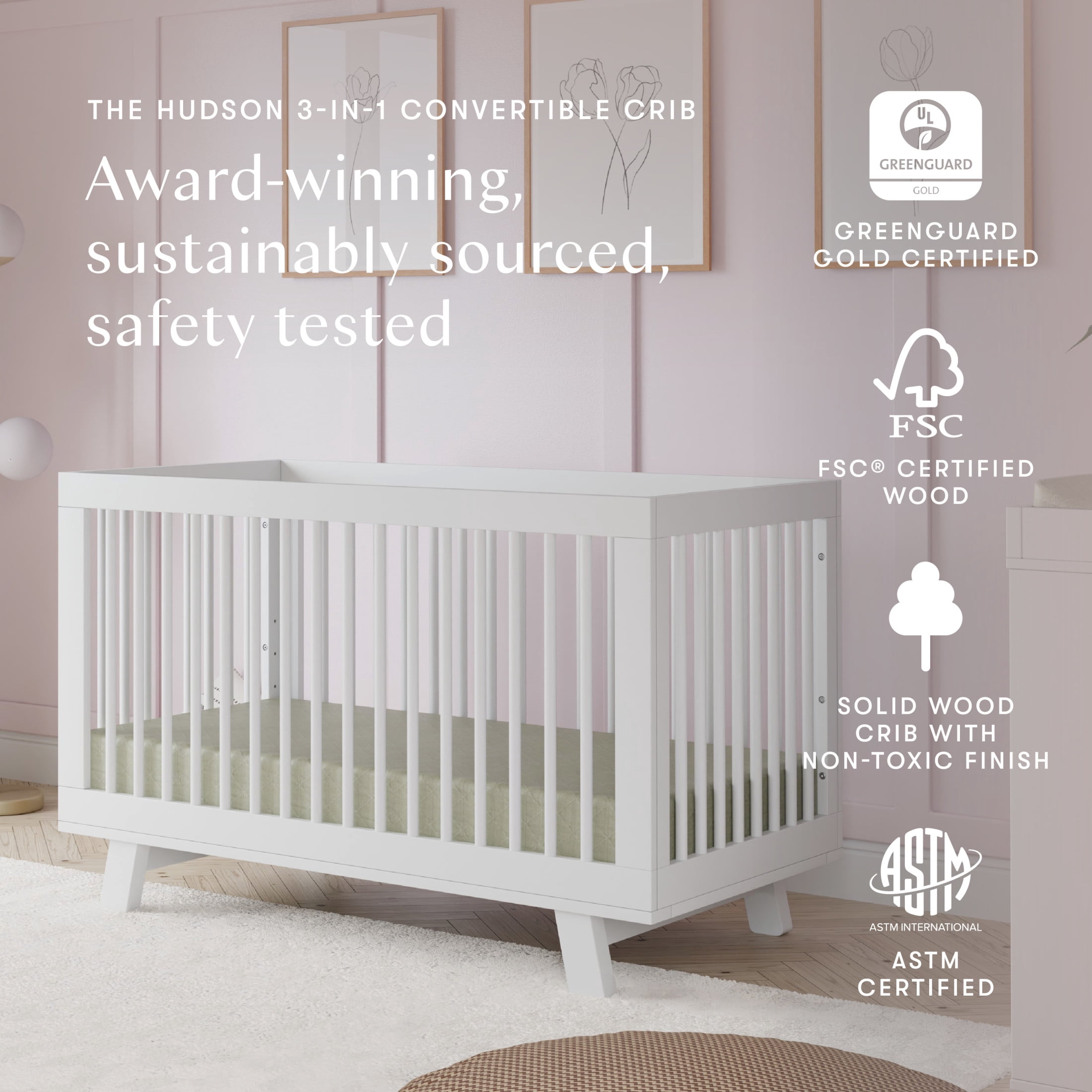 Babyletto Hudson 3-in-1 Convertible Crib with Toddler Bed Conversion Kit