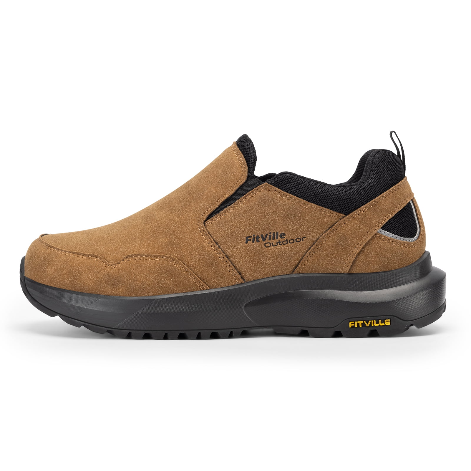 FitVille Mens Wide Hiking Shoes Slip on Loafers Sneakers with Arch Support, Dune Brown, 9 Wide