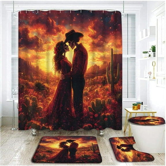 4 Piece Skull Couple Shower Curtain Set with Rugs, Toilet Lid Cover,Gothic Skeleton Lover Boho Tropical Arizona Desert Sunset Day of The Dead Valentine's Day Bathroom Shower Curtain with Hooks