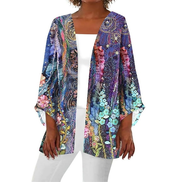 Alitao Womens Cardigan Long Sleeve Shirts Women 2025 Retro Print 3/4 Sleeve Cardigans Lightweight Blouse Tops Coat Casual Duster Jackets Lightweight Cardigans Womens Blouses White M