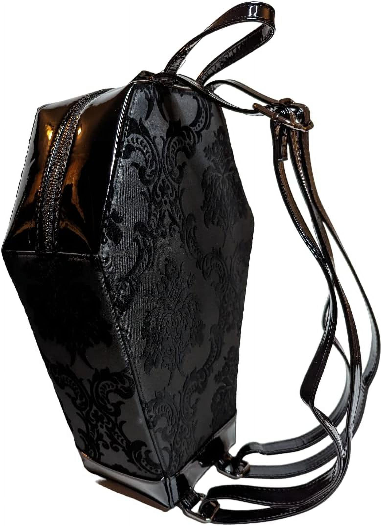 Madame Mistress Damask Black Coffin Backpack - Gothic Vegan Leather, Adjustable Straps, 14x9x4.5 Inch