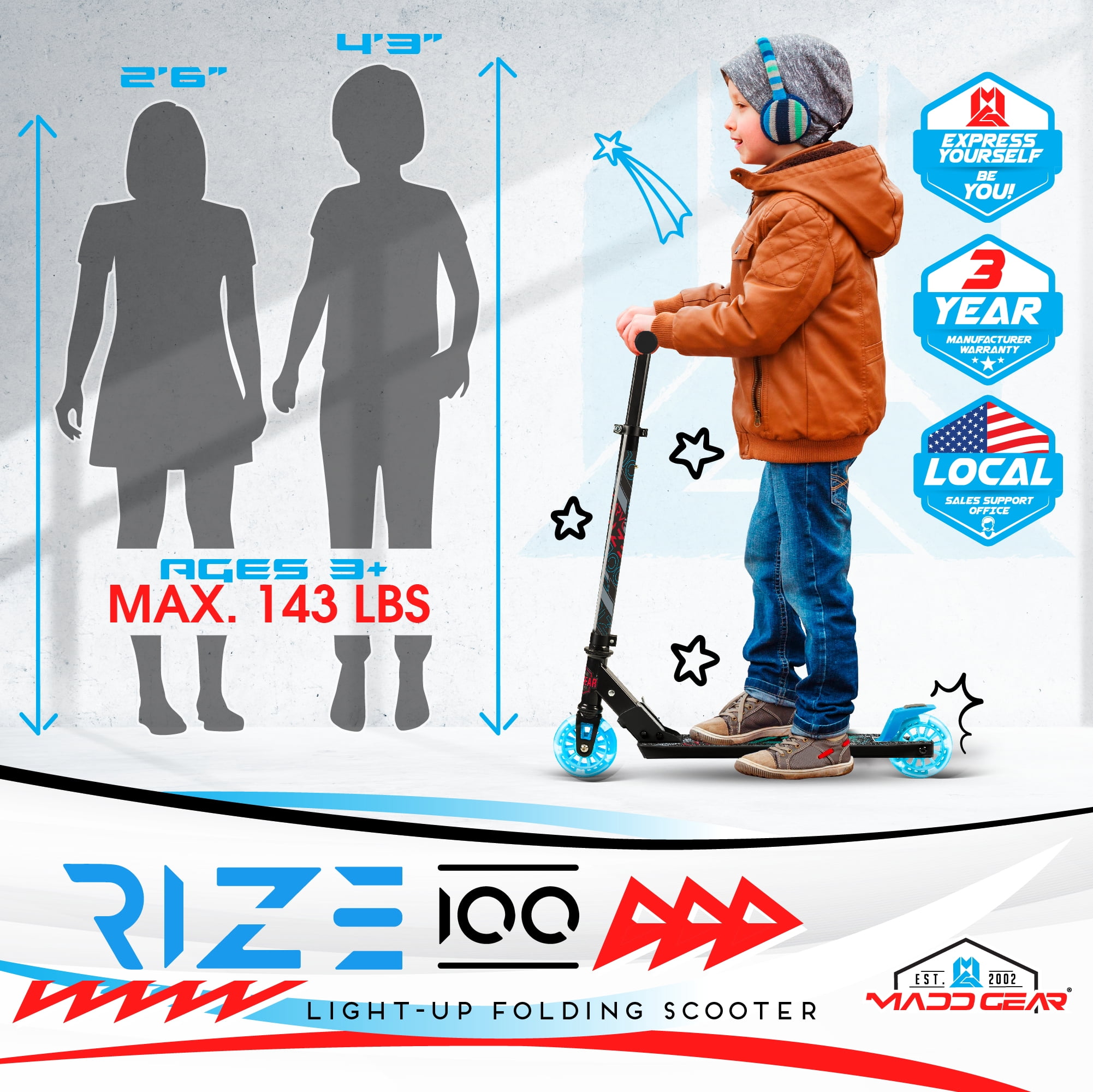 Madd Gear Carve Rise Kick Scooter-Light-up 100 mm Wheels- for Kids 3+ Unisex- Blue/Black