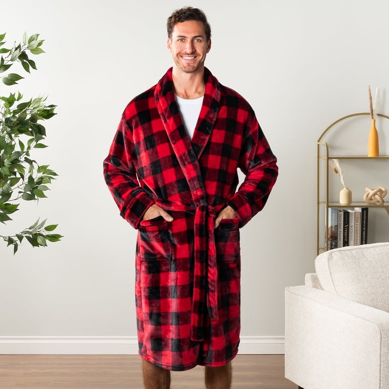 Pavilia Men's Plaid Fleece Bathrobe, Red photo 7