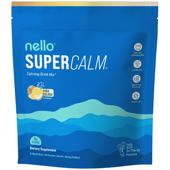 Nello Supercalm Drink Mix - Ashwagandha KSM 66, Magnesium Glycinate & L-Theanine Supplement - Ashwagandha Root Extract - Focus and Relaxation Support (20 Travel Packets) - Pina Colada