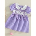 thumbnail image 5 of Toddler Little Baby Girl Easter Outfit Bunny Embroidery Smocked Dress Short Sleeve Doll Collar Bow Plaid Easter Dress Cute Summer Clothes, 5 of 10