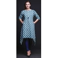 thumbnail image 3 of Bimba Kurti Asymétrique Bleu à Motifs Géométriques et Floraux Shibori Imprimés pour Femmes Robe d'Été Indienne Tunique XSmall, 3 of 6