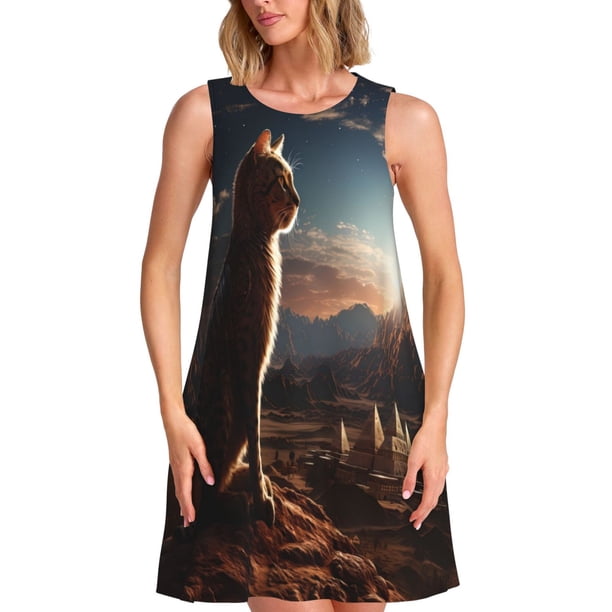 Balery Pyramid Desert Cat Vestidos de verano para mujer con estampado: vestido holgado sin mangas, vestido playero informal y cómodo para días calurosos.