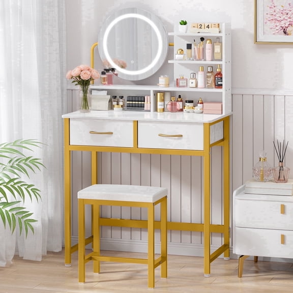 Kitsure Vanity Desk with Mirror and Lights - 3 Mode Lighted Makeup Vanity for Girls, Anti-Tipping Small Vanity with Chair for Bedrooms, Dressing Rooms, Walk-In Closet, Gold, 31.5" x 17.7" x 50.6"