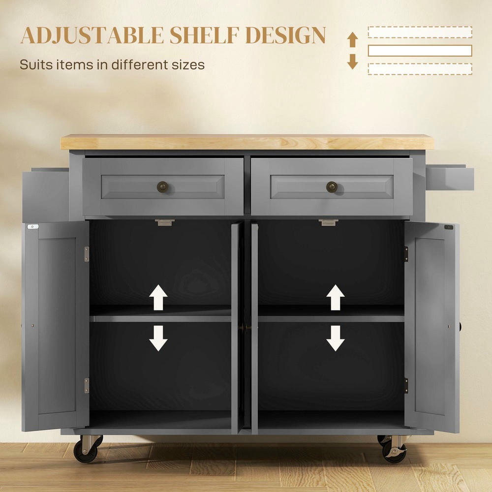 Kepooman Kitchen Island Cart with Rubber Wood Top, Serving Utility Carts with Drawers, Adjustable Shelves, Spice Rack and Towel Rack for Dining Room, Gray