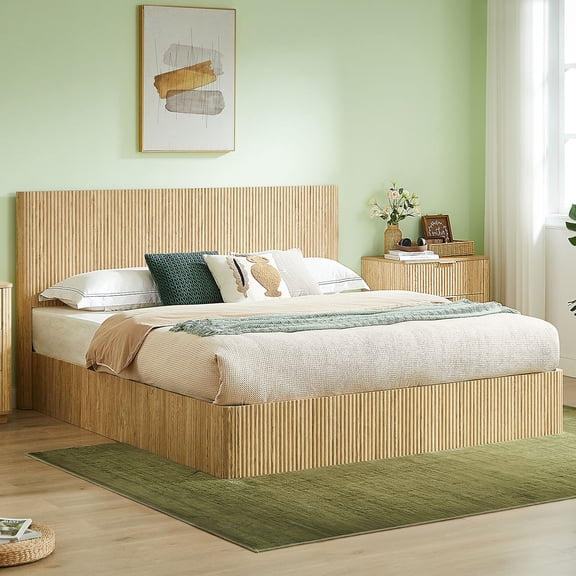 YIYADO King Size Lift Up Storage Bed Frame, Wooden corrugated curved lines, Hydraulic Storage/No Box Spring Needed, Oak.