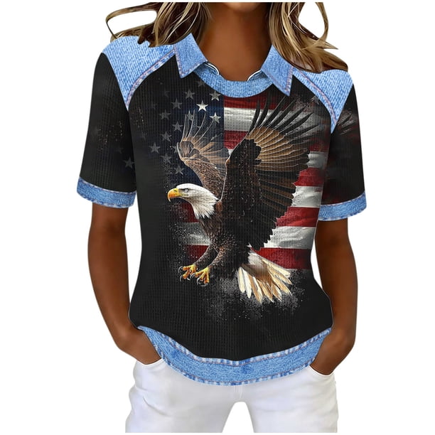 Mujeres de Verano Tops Casual Cuello Redondo de Moda Pascua No Posicionamiento Impreso Manga Corta Solapa Superior para el Hogar Y el Uso Diario