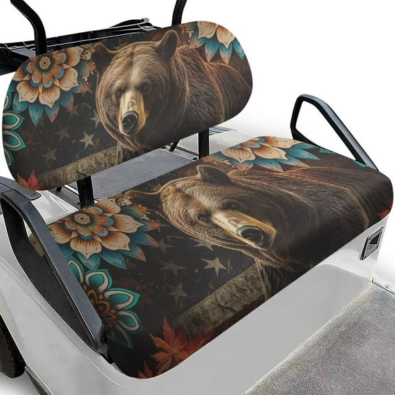 Bulopur Brown Bear Golf Cart Seat Cover Set Dustproof Floral Seat Cover for EZGO Club Car 2 Person Seats Golf Carts Frontseat Protector Towel Blanket, Washable