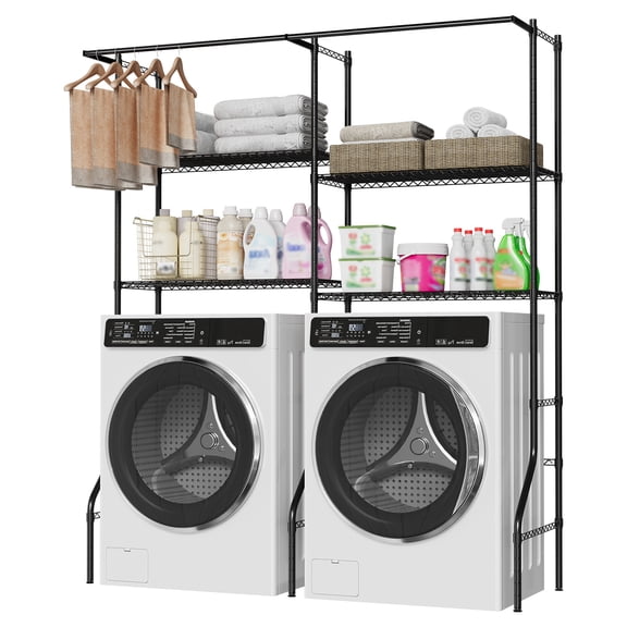 Huisuilinss Over Washer And Dryer Storage Shelves,4-Tier Clothes Drying Rack,Adjustable Height Over The Washer And Dryer Storage Shelf,Laundry Room Storage And Organizer With Hanger Rod & Hook