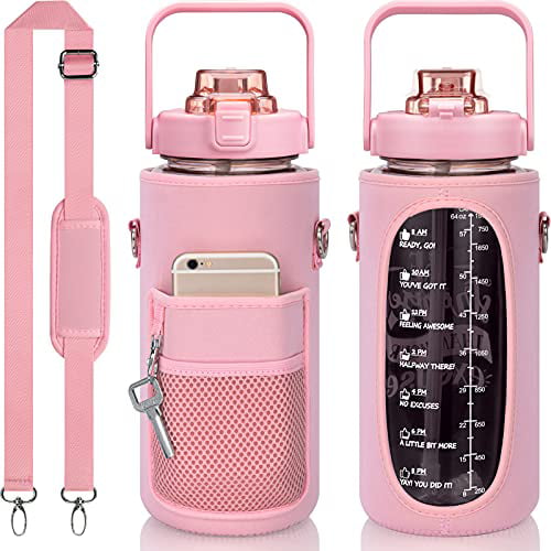 Half Gallon Water Bottle with Sleeve BPA Free 64 OZ Water Bottle with Straw & Time Marker to Drink Leakproof Motivational Women Men Water Jug with Reusable Insulated Neoprene Holder Pouch Carrier Bag 