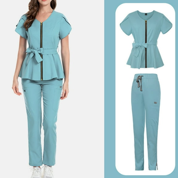 WULMLEO Womens Scrubs Outfits 2 Piece Short Sleeve Petite Scrub Sets Soft Comfortable V Neck Trendy Nurse Uniform Tops and Pants Stretch Fashion Medical Nursing Workwear Light Blue S