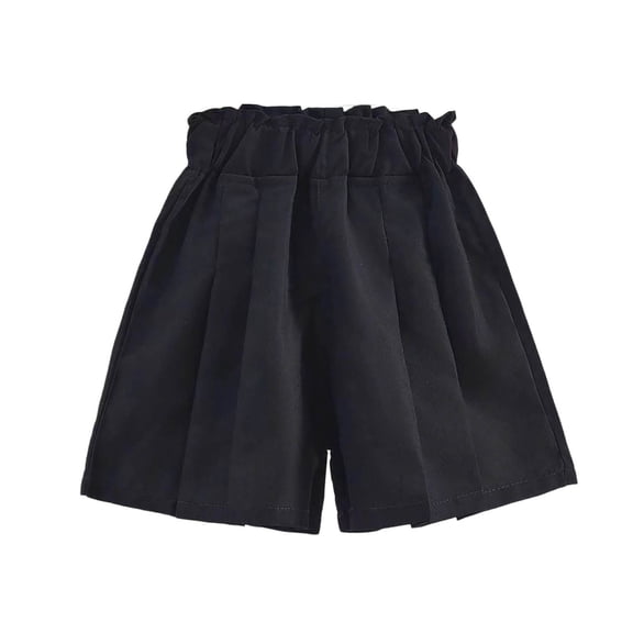 FINALGANG Girls Kids Solid Color Paperbag Waist Pleated Shorts Loose Fit Lightweight Shorts For Summer Daily Wear Casual Outings Party Occasions Black 5-6 Years
