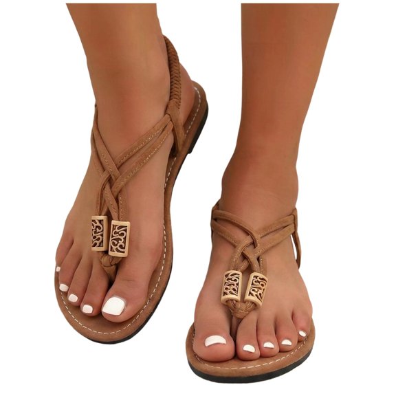 hoksml Women's Vintage Metal Accent Flip Flops, Elastic Ankle Strap Thong Sandals, Brown Khaki