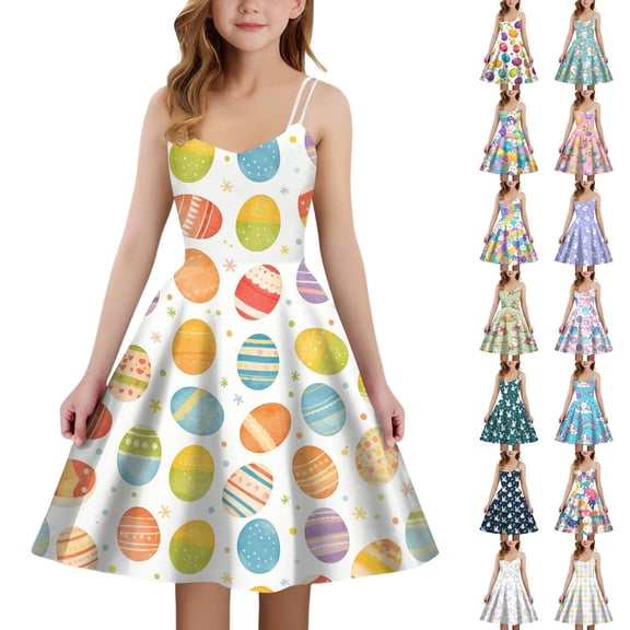 Easter Dresses for Girls Sleeveless Fashion Print Party Summer Dresses A Line Beach Dress Round Neck Comfortable Casual Daily Everyday Wear Light Gray 11-12 Years