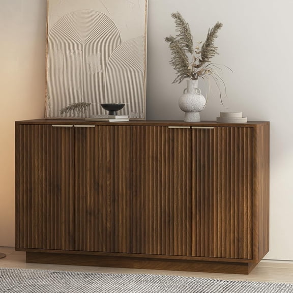 LQLI 55.1" Fluted Sideboard Buffet Cabinet with Storage,Modern Credenza with Adjustable Shelves,Wood Coffee Bar Table Console for Dining Room Kitchen Living Room Entryway