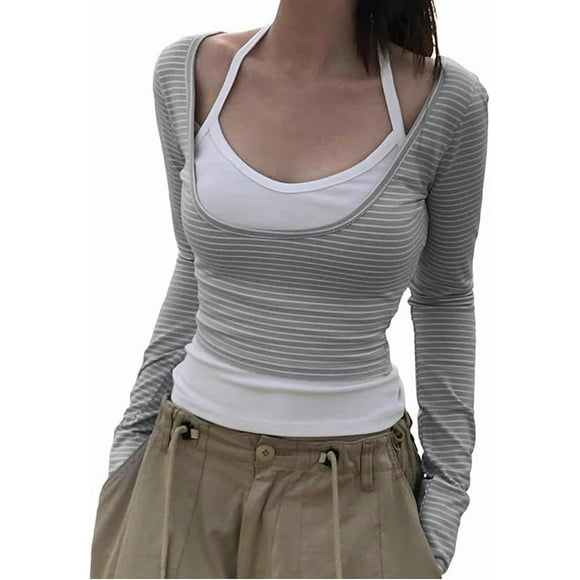 Fake 2 Piece Halter Striped Vintage Top Women Grunge Emo 2000s Mcbling Tshirts 90s Long Sleeve Streetwear Y2k Shirts