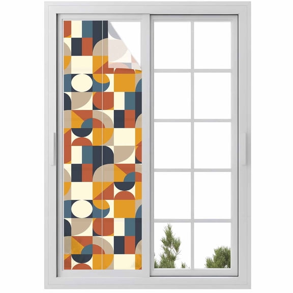 Mid Century Window Privacy Film Orange Brown Beige Blue Abstract Retro Geometric Modern Glass Window Film UV Blocking Static Cling Non-Adhesive Sticker Covering for Home Door 29.5 x 118 inches