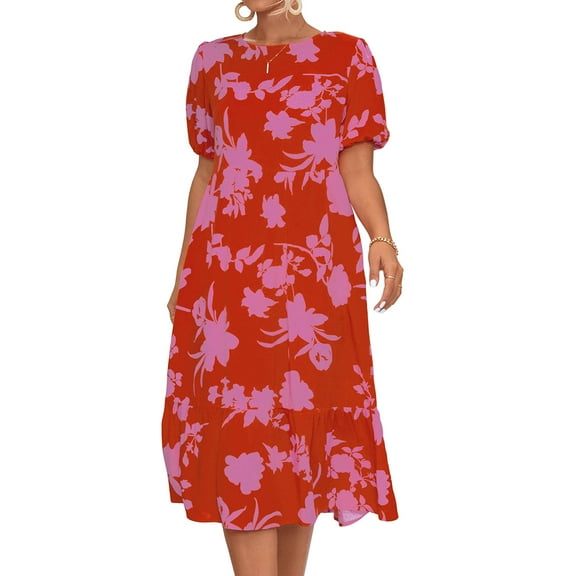 Sarapandan Women Dress Short Lantern Sleeve Round Neck Loose Hem Breathable Print Casual Dress for Spring Summer Rose Red XL